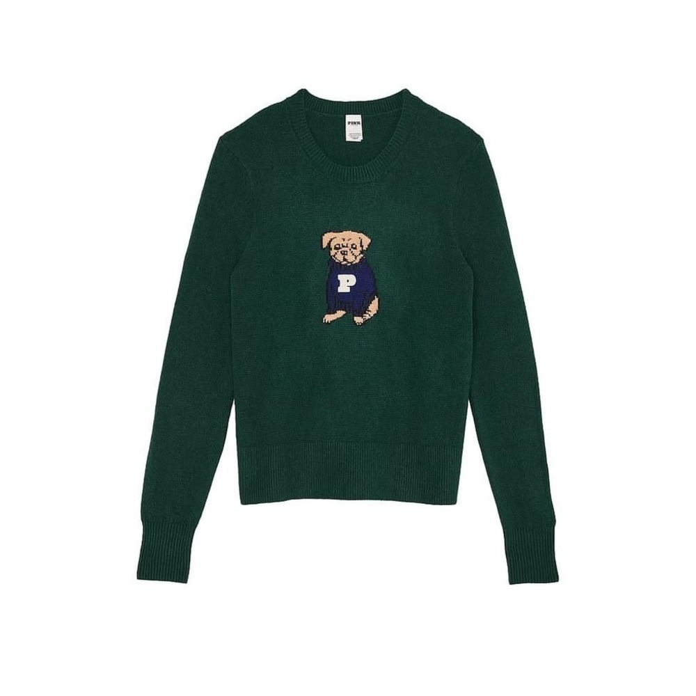 PINK Victoria's Secret Sweater Women Medium Green Mascot Dog Graphic Crewneck